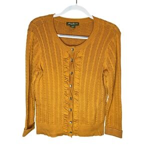 Eddie Bauer Women's Mustard Yellow Cable Knit Ruffle Cardigan Sweater M